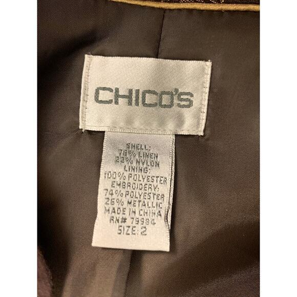 Chico's Dark Brown Linen Blend  Jacket w Metallic Embroidery  Size 2  L /12 - Picture 6 of 7